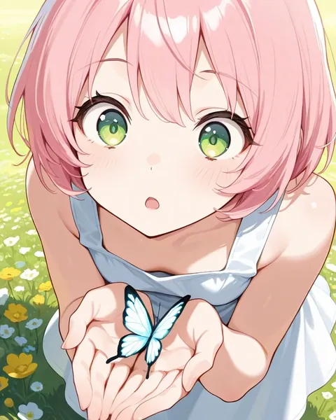 An anime girl with short pink hair looking in surprise at a butterfly cupped in her hands