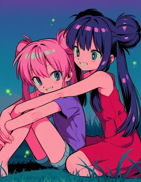 Two anime girls sitting side by side in the grass at dusk, surrounded by fireflies