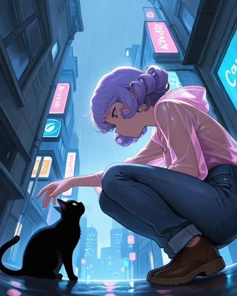 An anime girl with lavender curly hair crouching to pet a black cat on a rainy neon city street