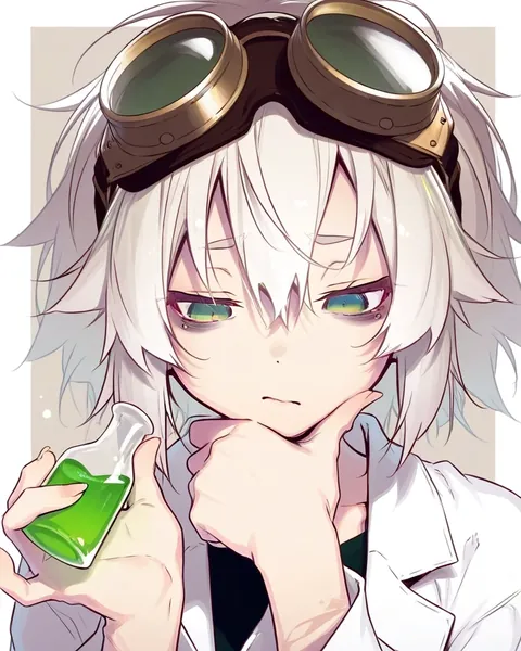 A tired anime scientist with messy white hair and steampunk goggles holding a green potion