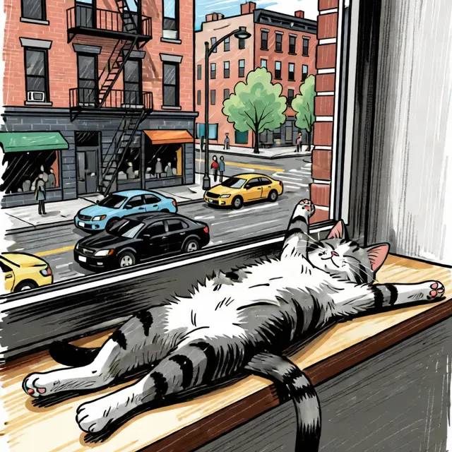 An ink sketch of a striped cat napping on a city window ledge