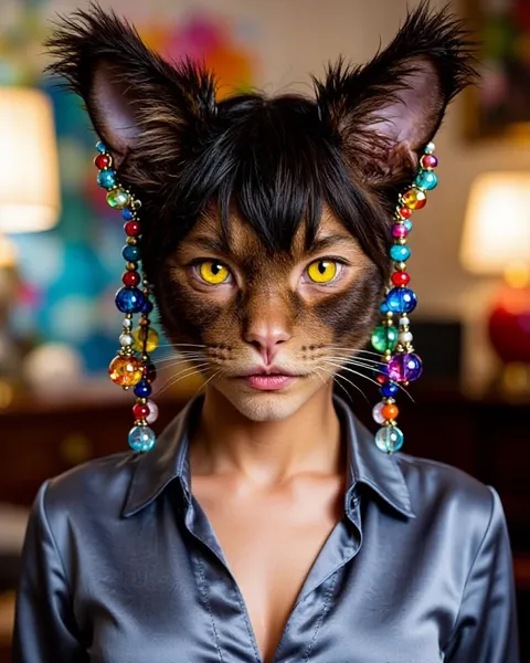 A cat-woman with tufted ears hung with colorful glass-bead earrings and yellow eyes, in a satin blouse