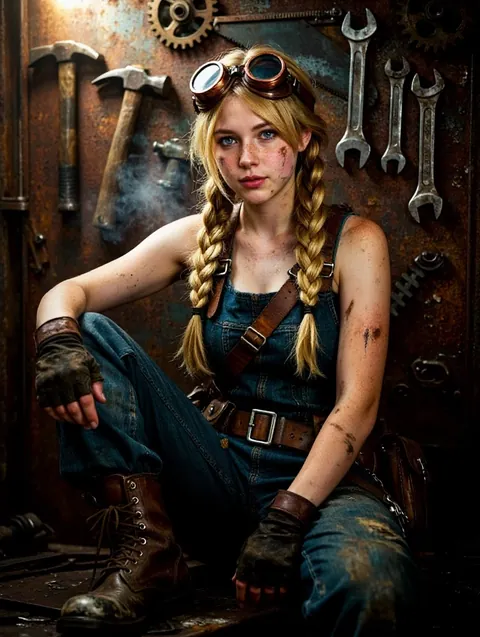 A young mechanic with blonde braids and copper goggles seated against a rusted wall of hanging tools